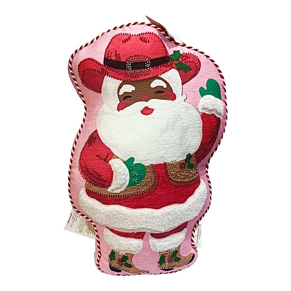 Isaac Mizrahi Christmas embellished festive cowboy western Santa pink pillow new